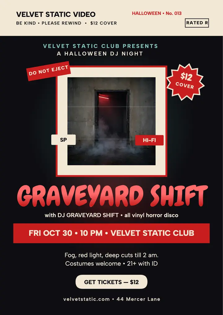 Graveyard Shift Halloween DJ night VHS flyer template