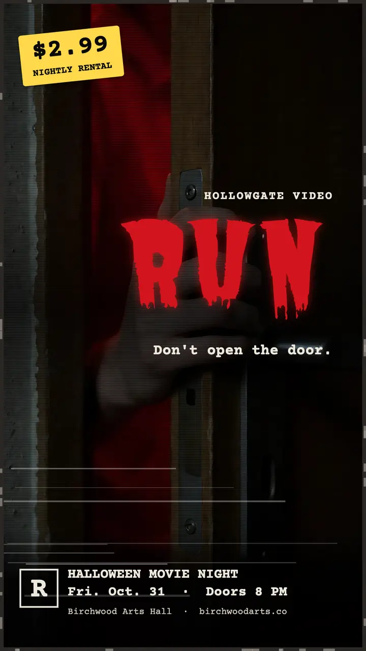 RUN horror rental box Halloween movie night story template