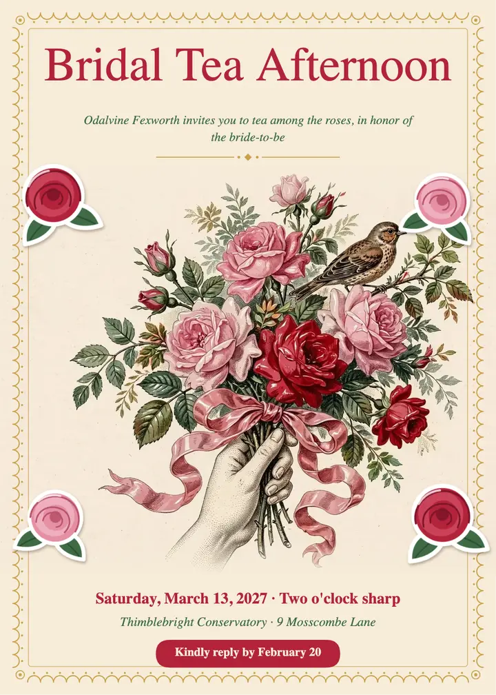Victorian scrap bridal tea invitation with roses template