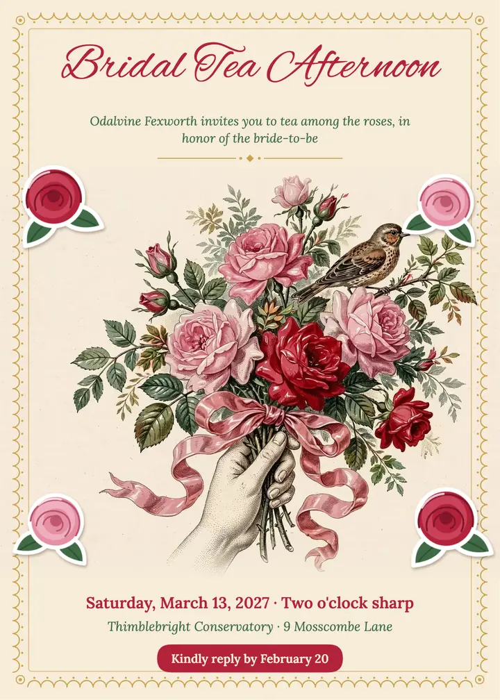 Victorian scrap bridal tea invitation with roses template