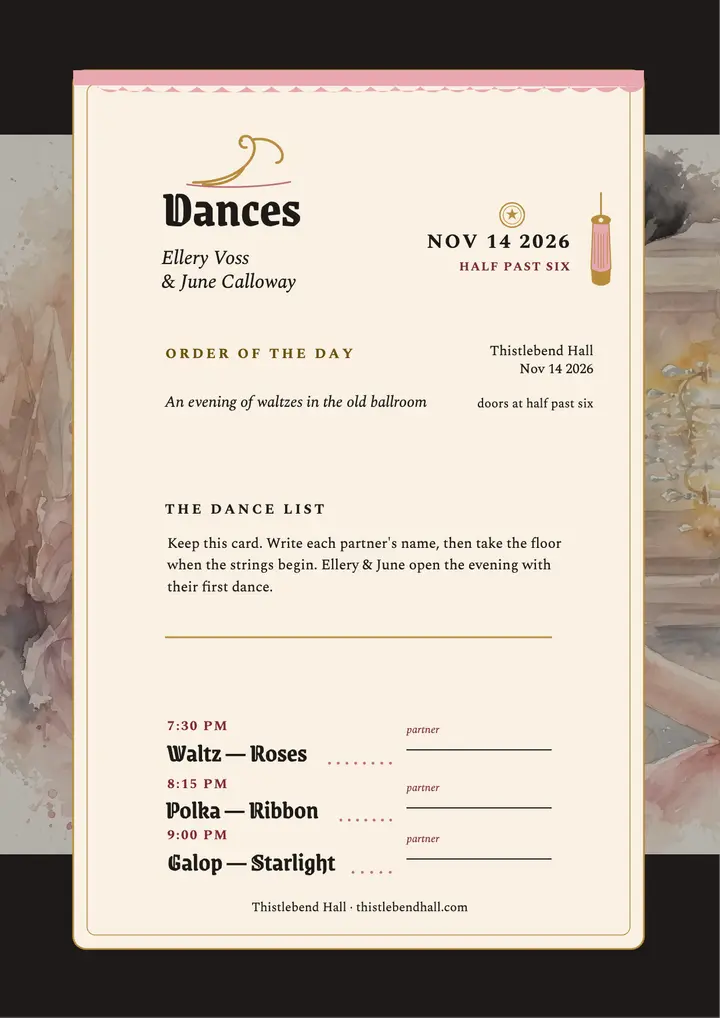 Victorian dance card flyer, Thistlebend Hall template