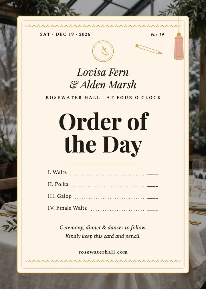 Lovisa and Alden dance card order of day template