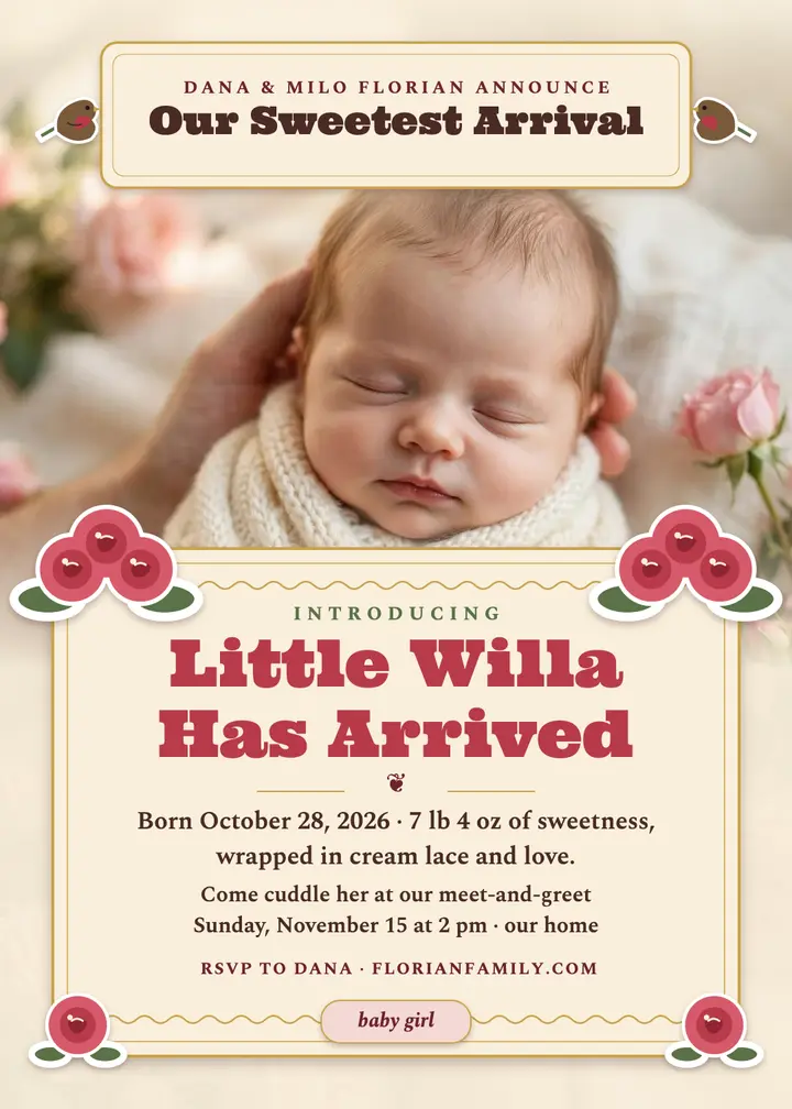 Willa Florian Victorian rose announcement template