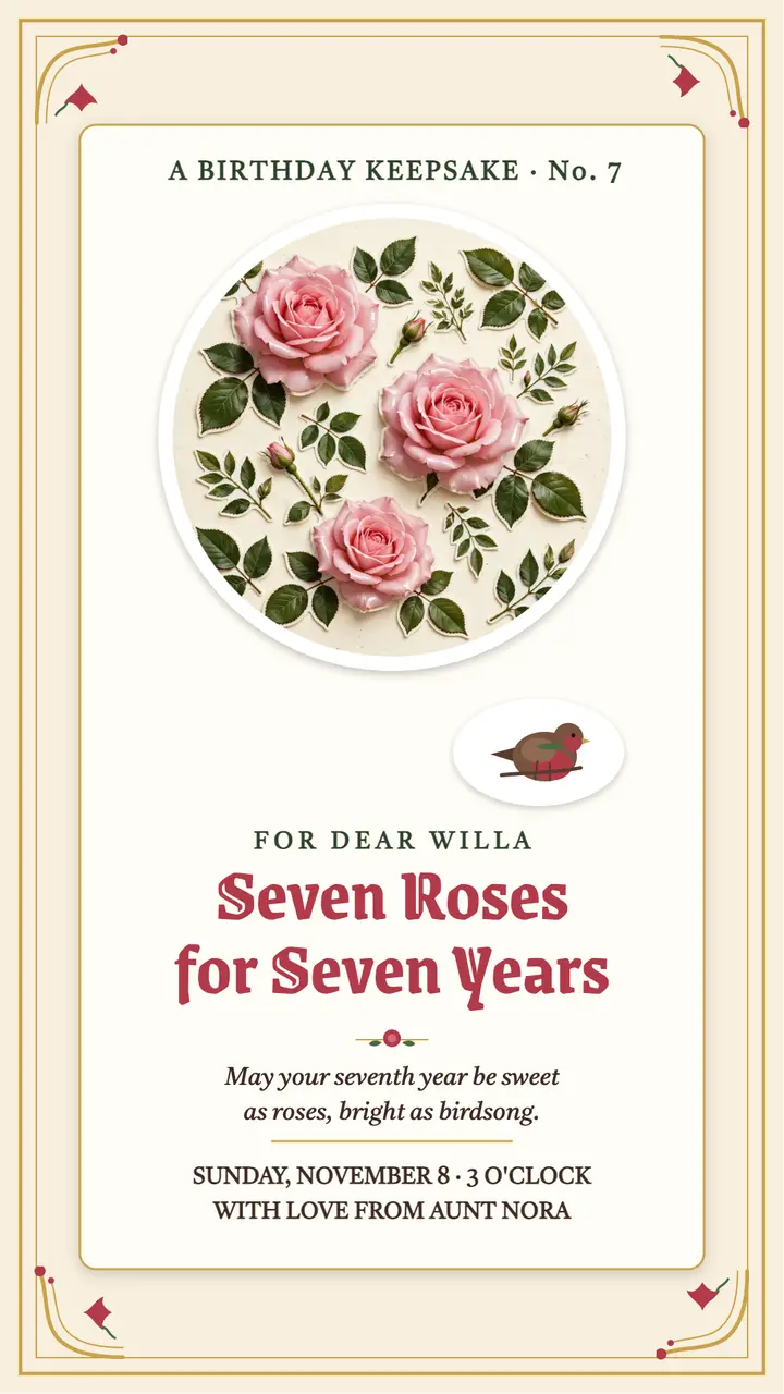 Willa seven roses birthday story: birthday story card template