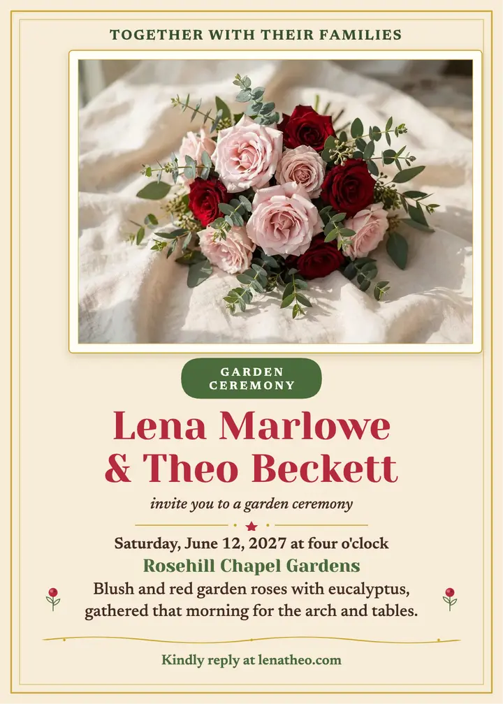 Lena and Theo garden rose invitation: garden wedding invitation template