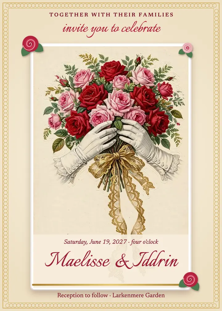 Victorian scrap rose wedding invitation template
