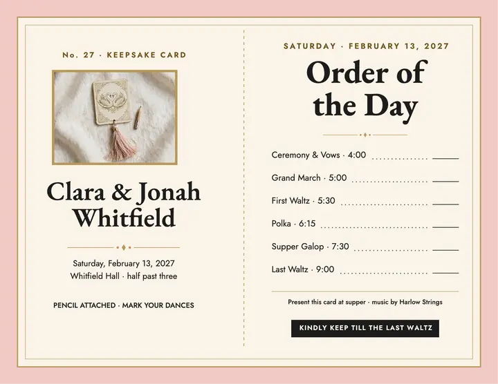 Clara and Jonah dance card order of day: wedding order of the day template