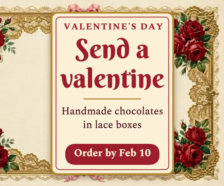 Victorian scrap Valentine chocolates ad: valentine display ad template