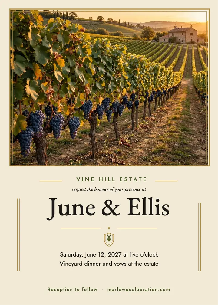 June and Ellis vineyard estate wedding invitation template
