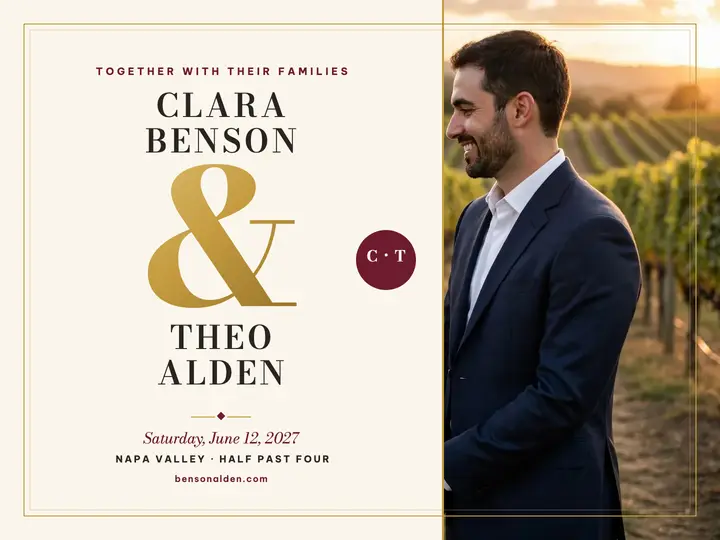 Clara and Theo vineyard wedding slide: vineyard wedding invitation slide template
