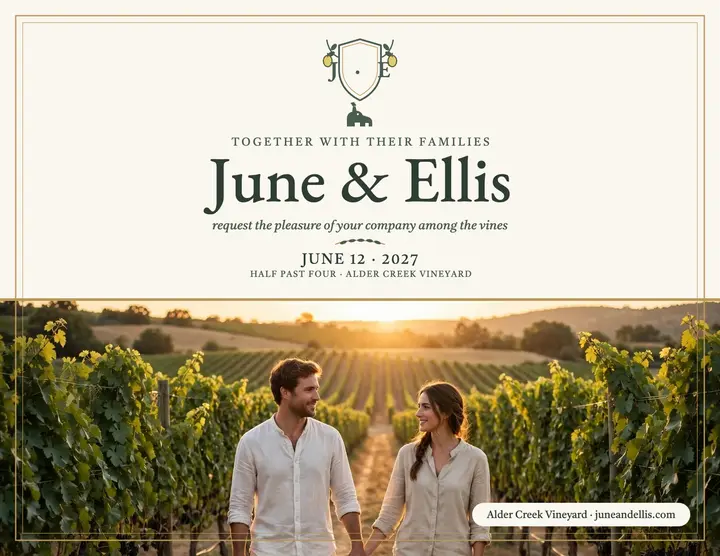 June and Ellis vineyard crest invitation: vineyard wedding invitation template