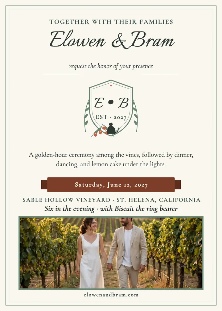 Elowen and Bram vineyard crest invitation template