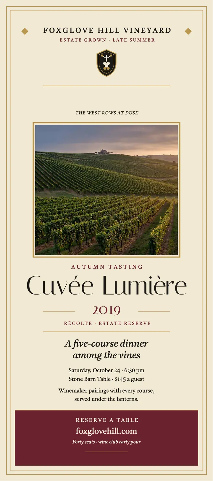 Foxglove Hill vineyard dinner rack card template