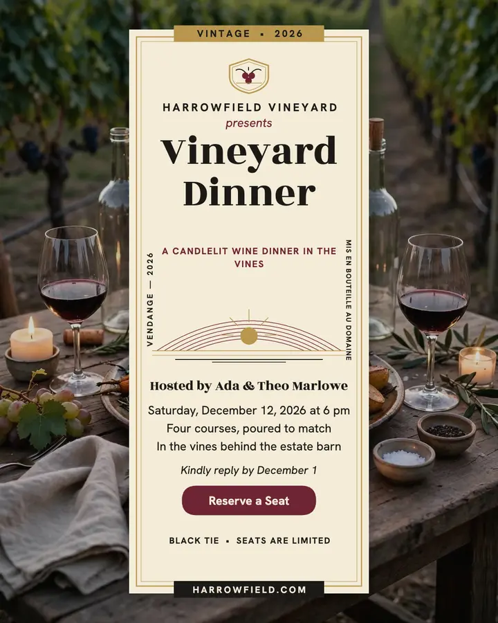 Harrowfield vineyard dinner wine label post: vineyard dinner invitation template