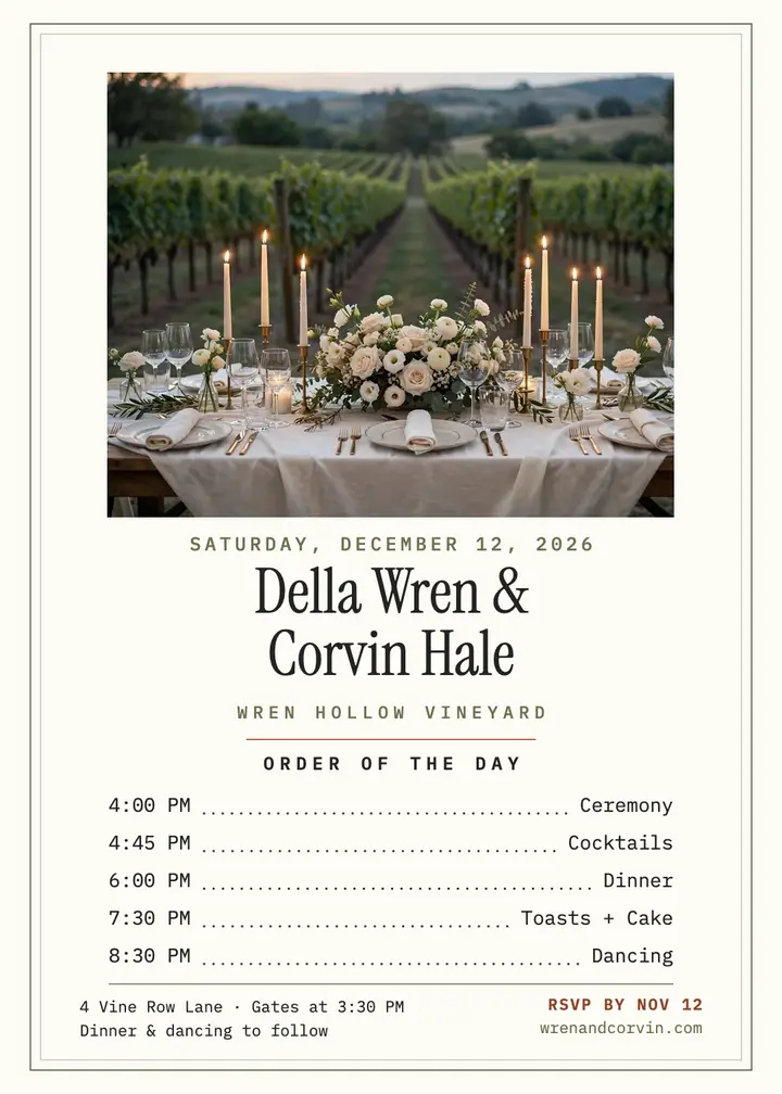 Della and Corvin vineyard order of day template