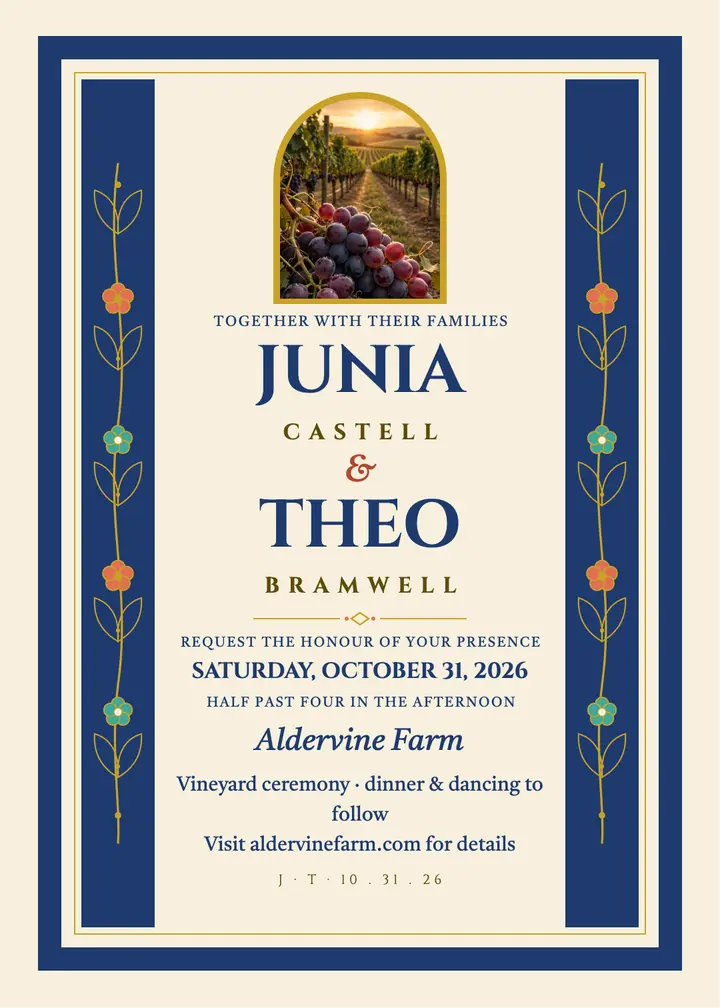 Junia and Theo fall vineyard gilt invitation: vineyard wedding invitation template