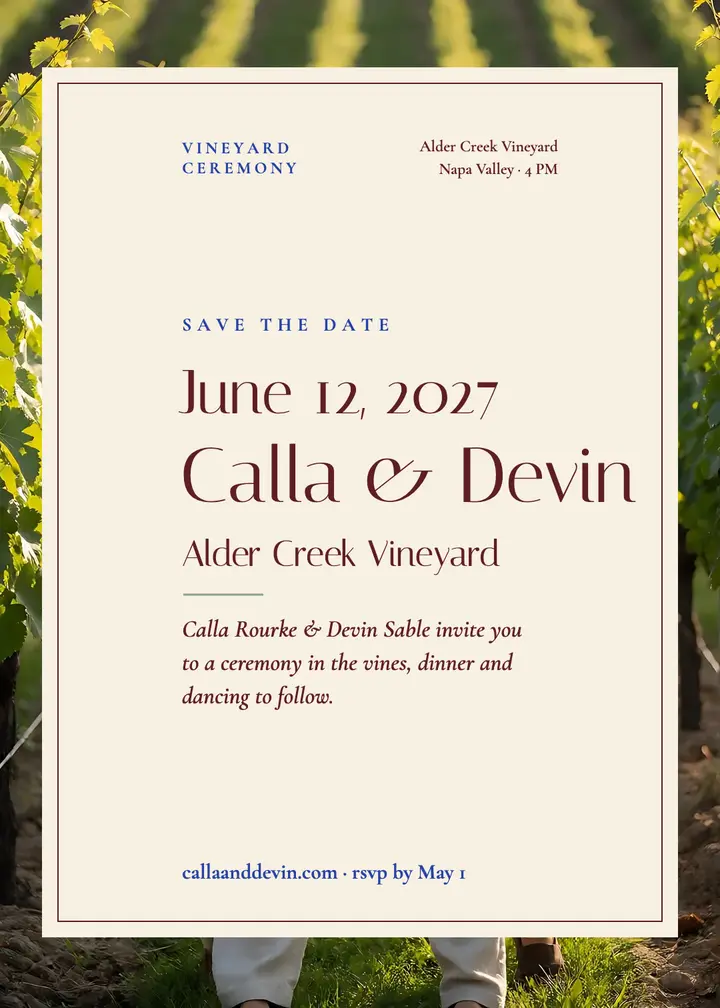 Calla and Devin vineyard wedding invitation template
