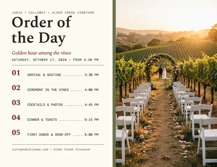 Junia and Calloway vineyard order of day template