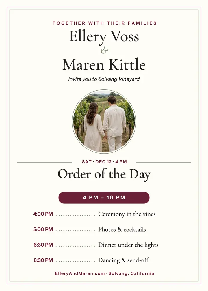 Ellery and Maren vineyard order of day template