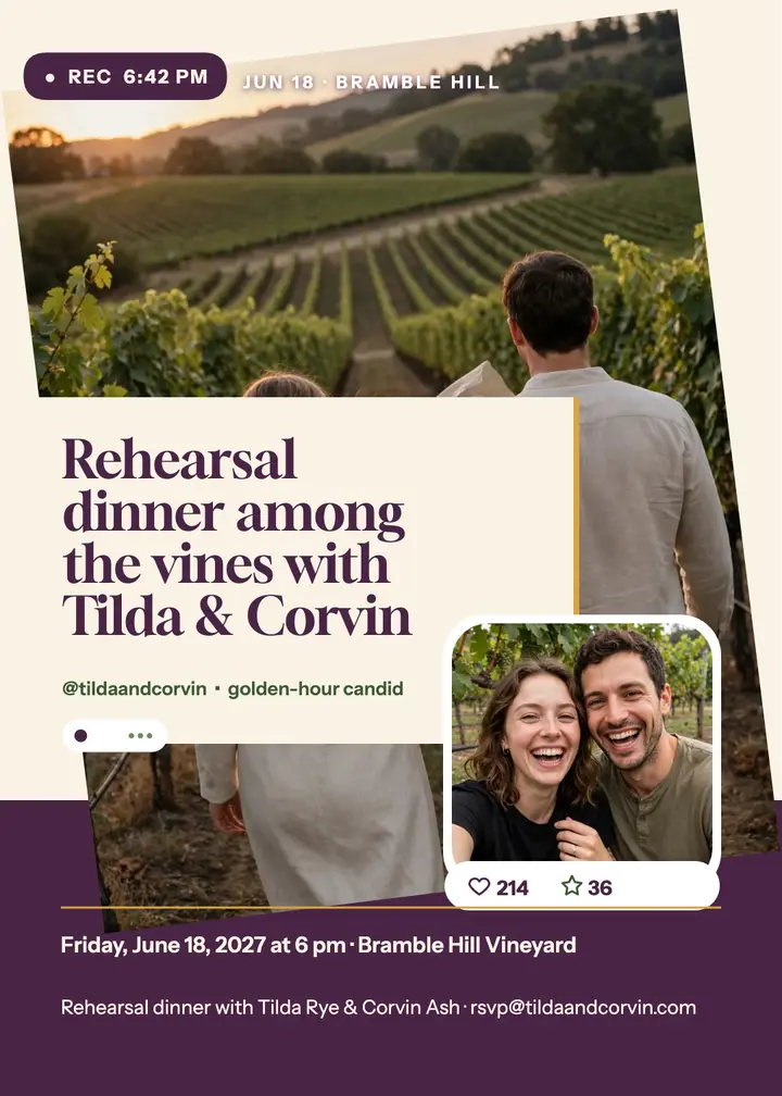 Tilda and Corvin vineyard rehearsal invitation: rehearsal dinner invitation template