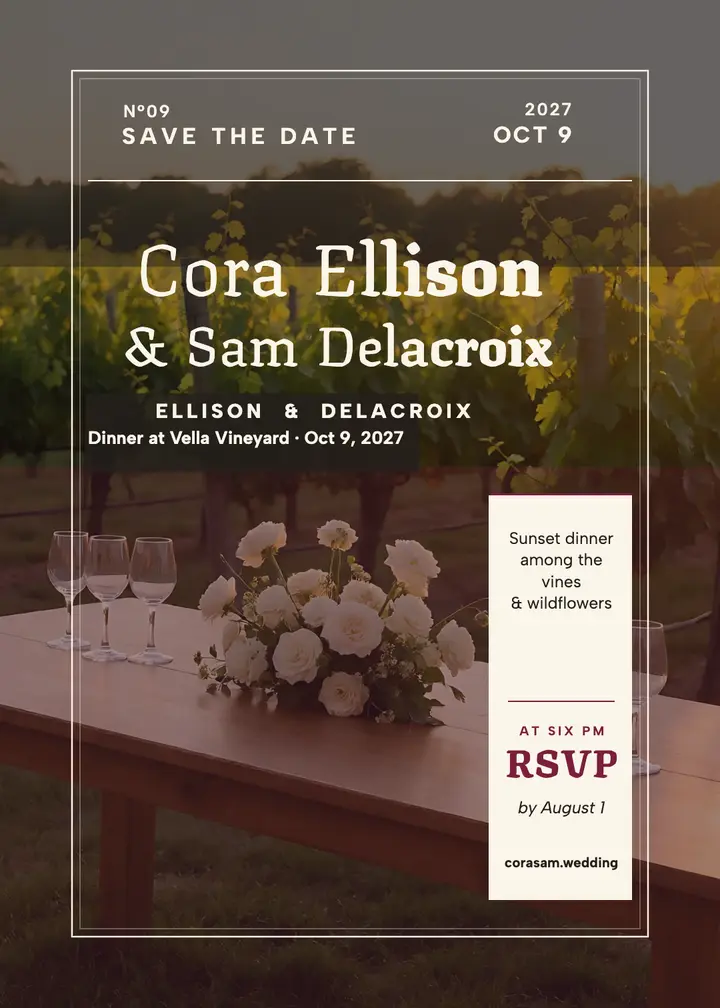 Cora and Sam vineyard dinner invitation: vineyard wedding invitation template