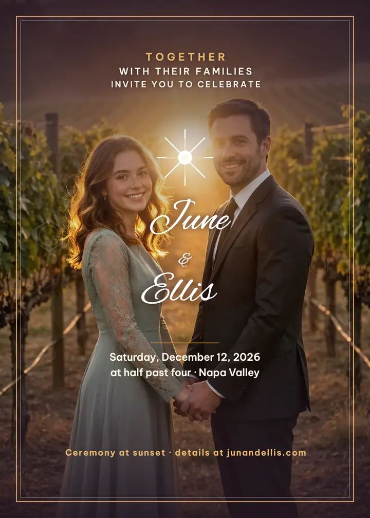 June and Ellis vineyard sunset invitation: vineyard wedding invitation template