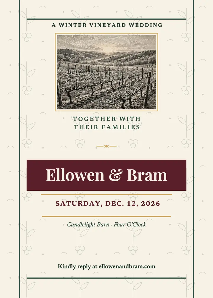 Ellowen and Bram winter vineyard invitation: winter wedding invitation template