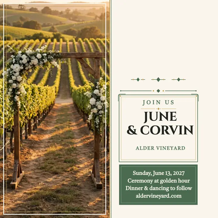 Vineyard vows wedding invite, Alder Vineyard template