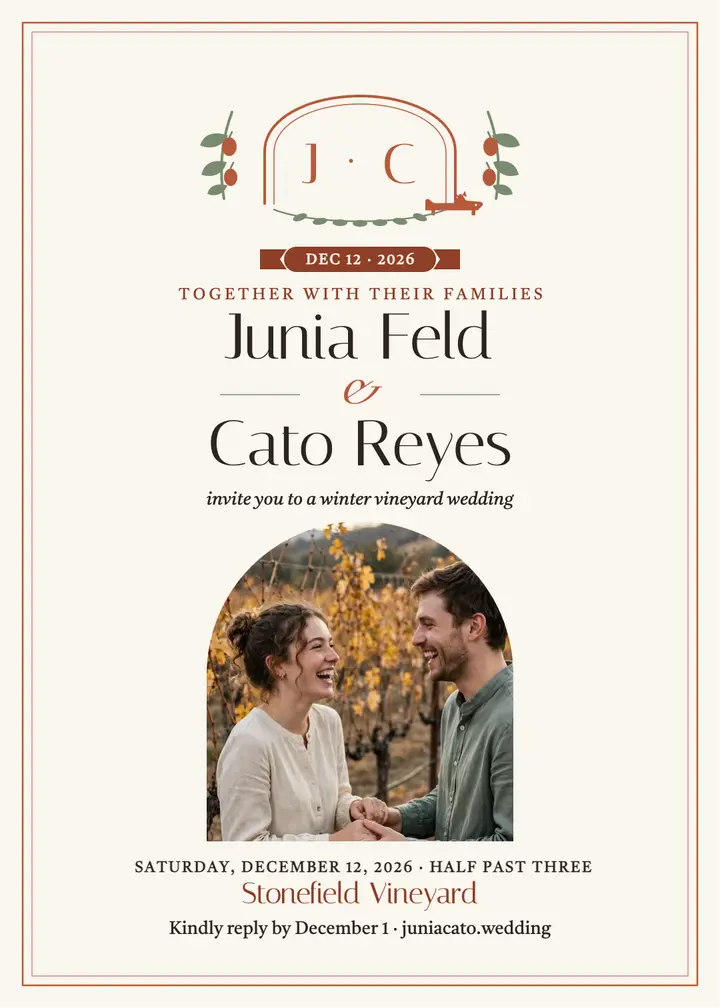 Junia and Cato winter vineyard invitation template