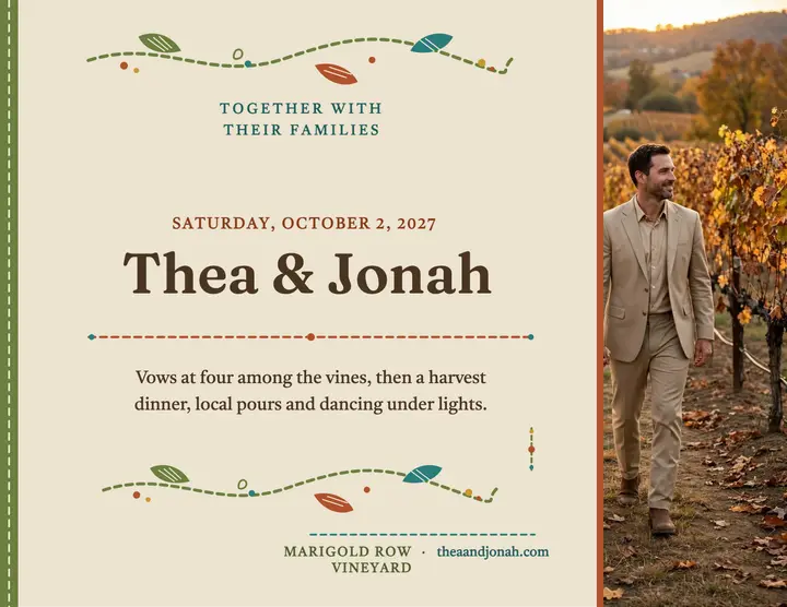 Thea and Jonah fall vineyard wedding flyer: vineyard wedding invitation flyer template