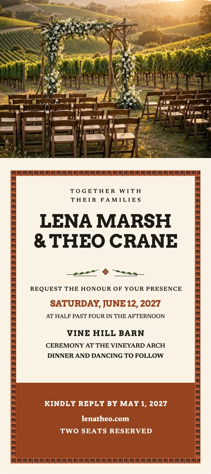 Vineyard arch wedding invitation rack card: vineyard wedding invitation template