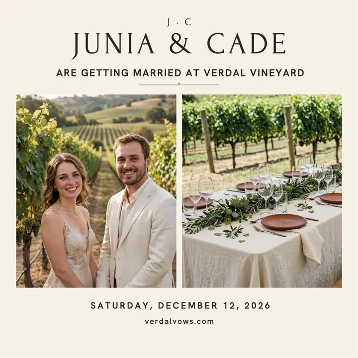 Verdal Vineyard wedding announcement, Junia and Cade template