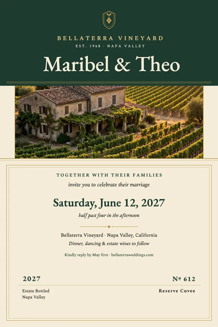 Maribel and Theo vineyard wine label invitation template