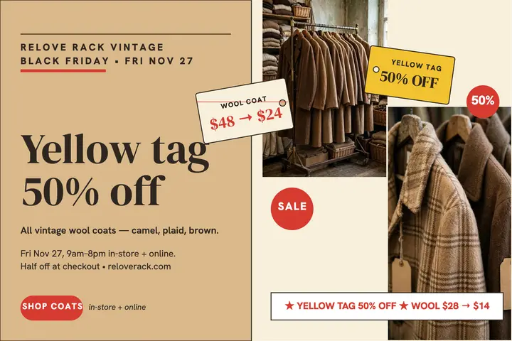 Relove Rack vintage coat sale postcard template
