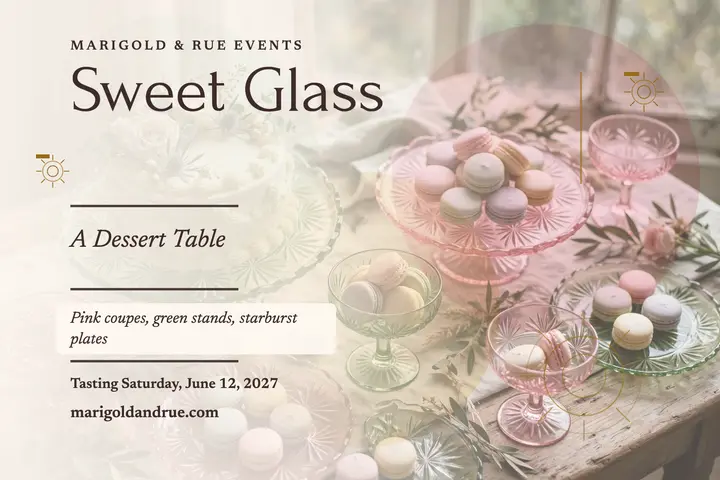 Sweet glass wedding dessert table postcard: wedding dessert postcard template