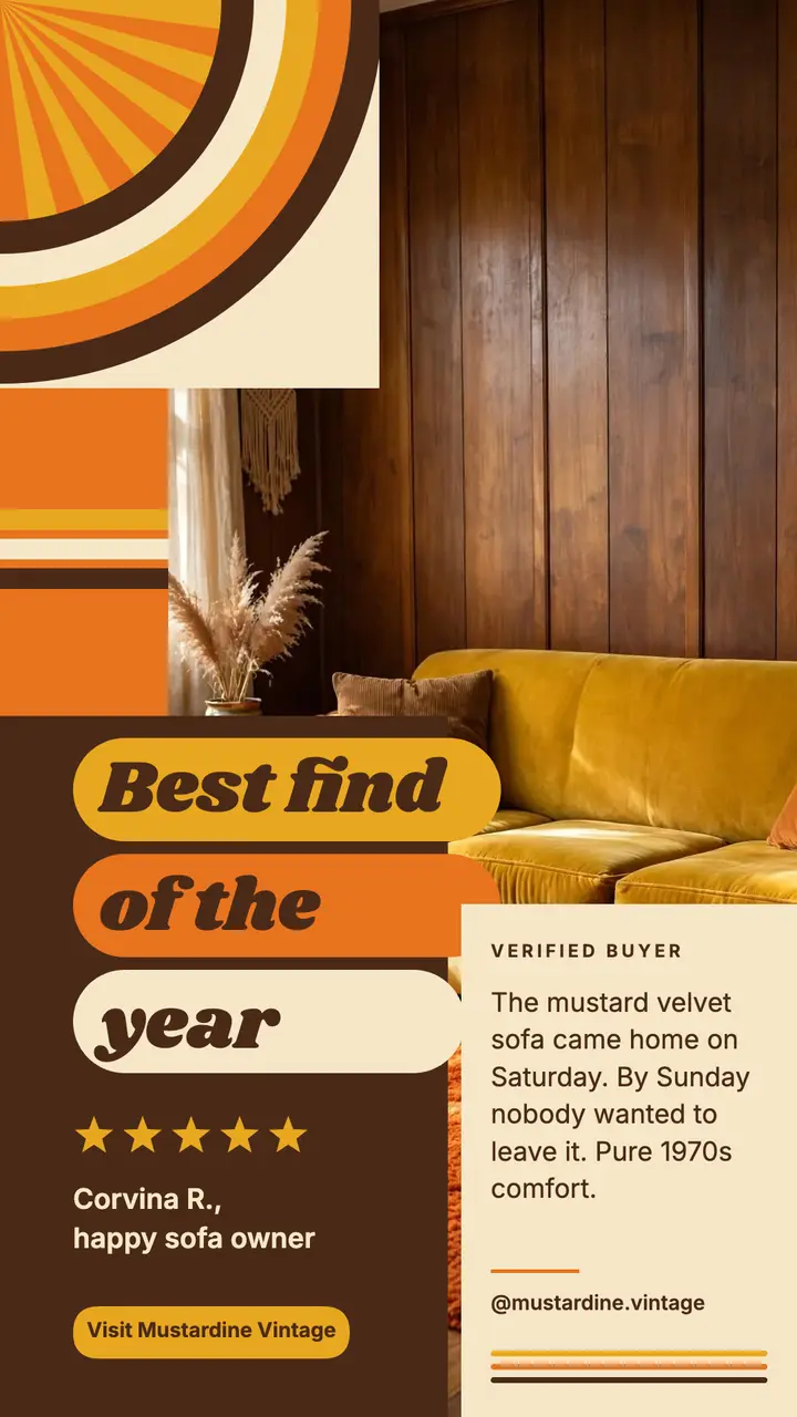 Mustardine Vintage sofa review story, groovy 70s template