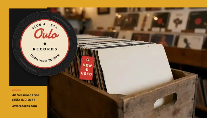 Ovlo Records vinyl shop business card, 45 rpm label template
