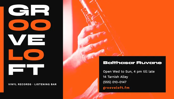 Grooveloft vinyl shop and listening bar business card, hard-bop sleeve template