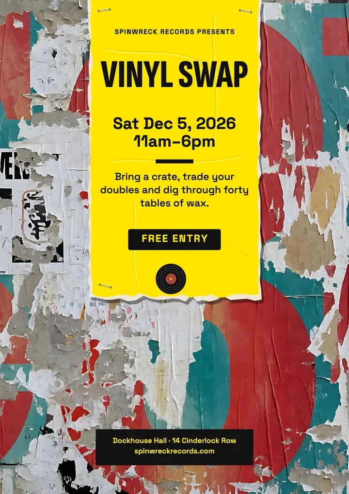 Vinyl Swap record fair flyer, torn poster wall: record fair flyer template