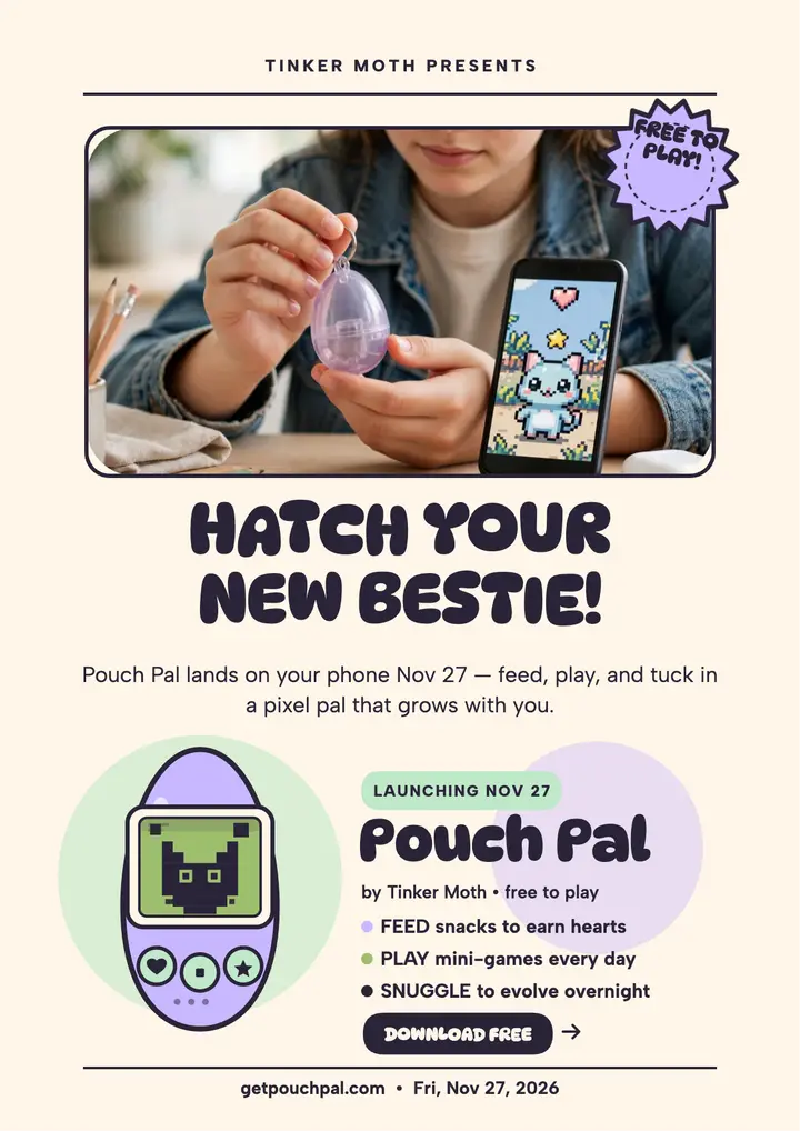 Pouch Pal virtual pet launch flyer template