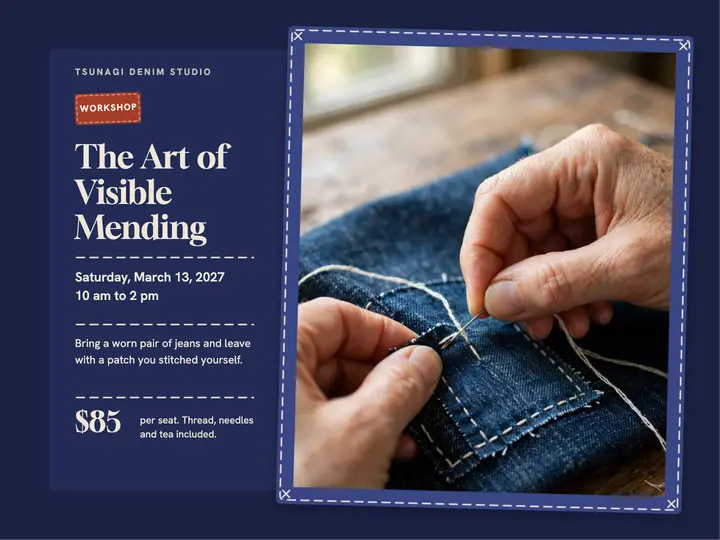 Visible mending denim workshop slide, sashiko stitch: denim repair workshop slide template
