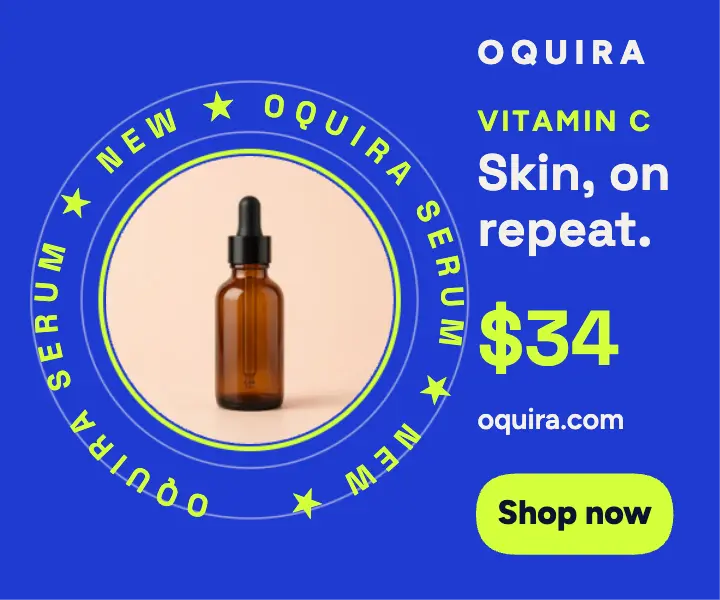 Oquira vitamin C serum orbiting text ad: vitamin c serum ad template
