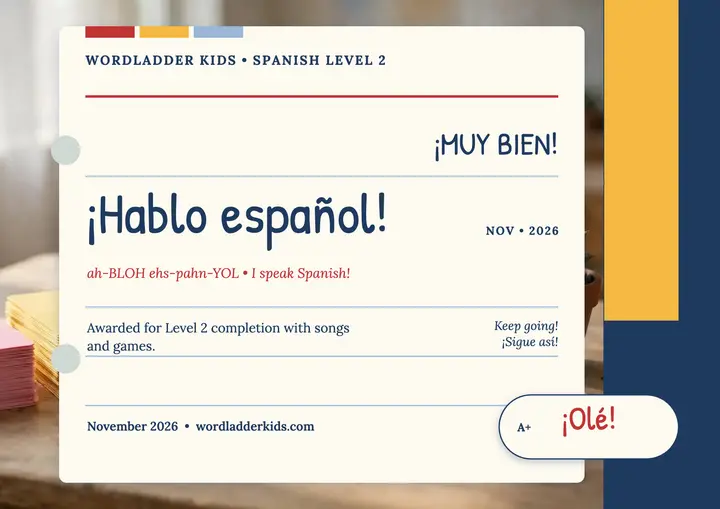 Wordladder Kids Spanish Level 2 certificate template