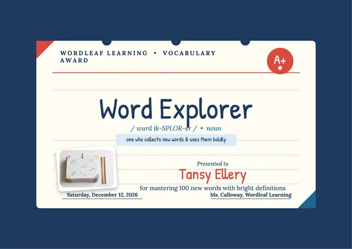 Word Explorer vocabulary certificate template