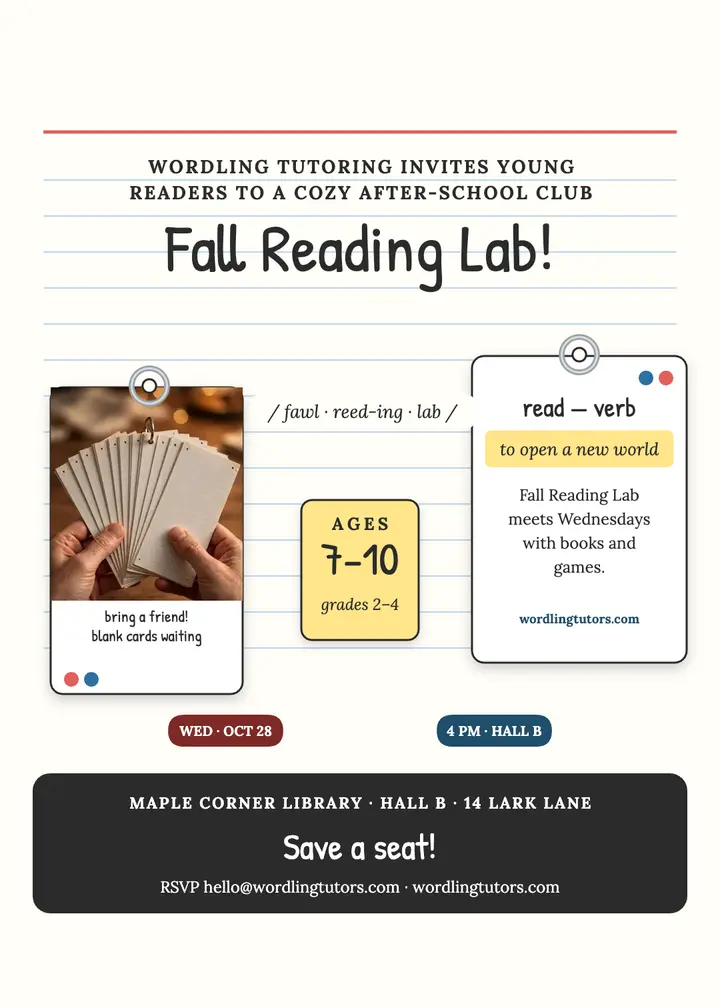 Fall Reading Lab flash card invitation template