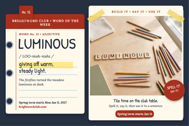 Brightword Club luminous word postcard template