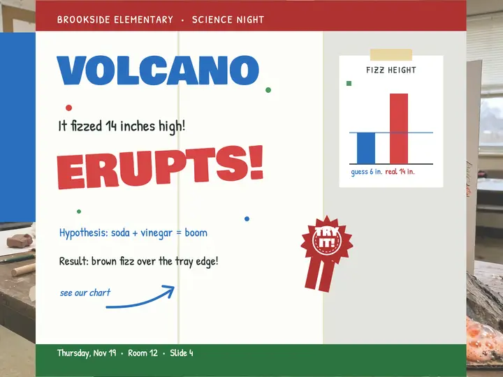 Volcano science night slide with tri-fold board template