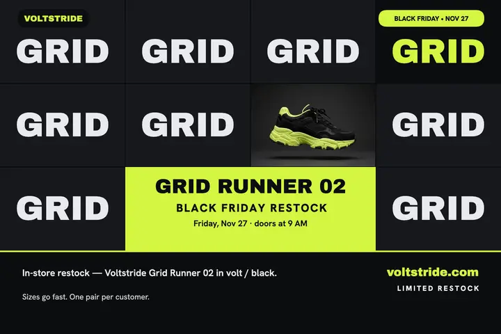 Voltstride Grid Runner restock postcard: sneaker restock postcard template