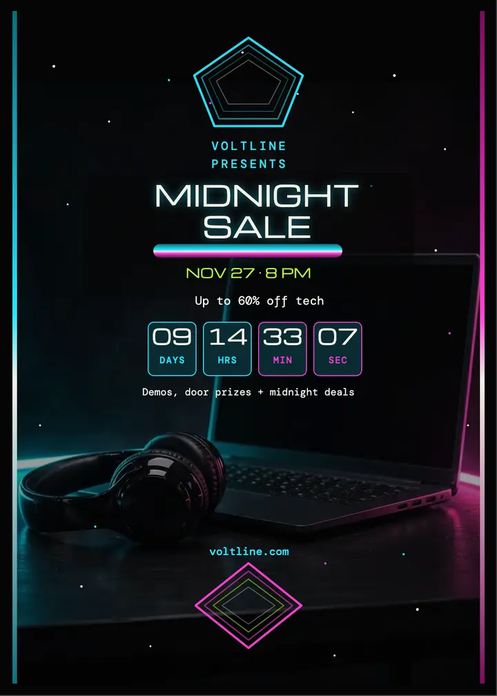 Voltline Midnight Countdown Sale invitation: black friday sale invitation template