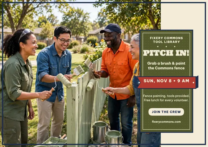 Fixery Commons volunteer weekend poster: volunteer recruitment poster template